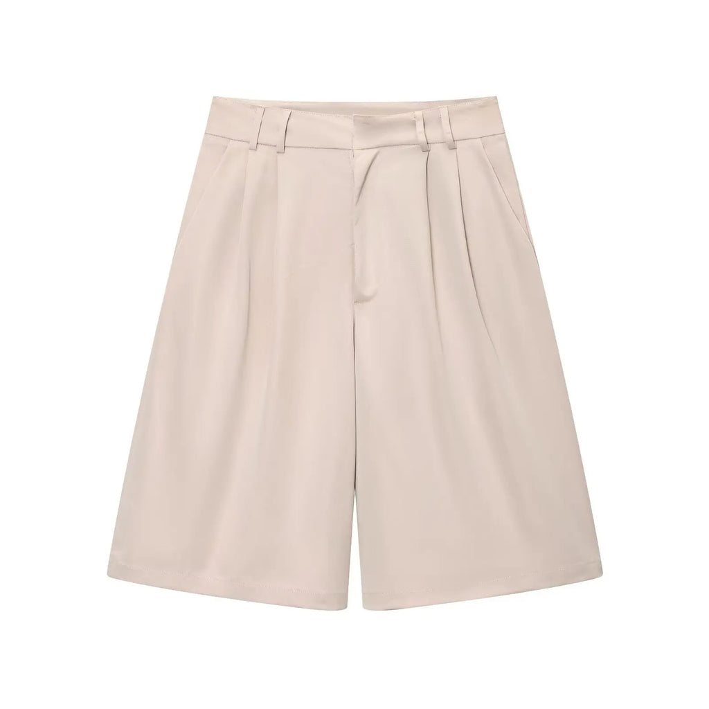 HH Women Summer Solid 2-Piece Set Button Pocket Decoration Short Sleeve Lapel Shirts+High Waist Pleated Zipper Casual Shorts