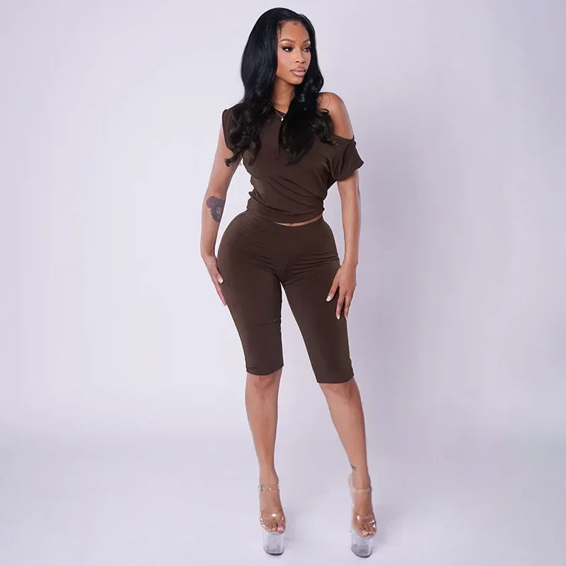 One Shoulder Solid 2 Piece Set Women Summer Short Sleeve Crop Top Shirt Pant Matching Sets Beach Vacation Outfit Streetwear Gift