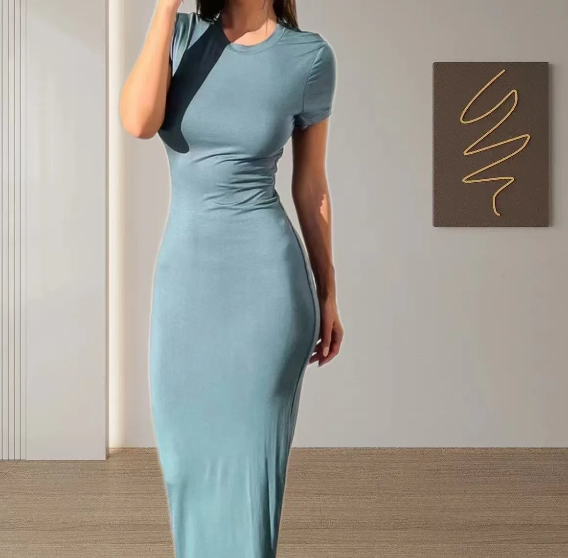 2026 Spring Summer European American Women's Solid Color Slim Fit Waist Hugging Elegant Short Sleeve Fashion Dress
