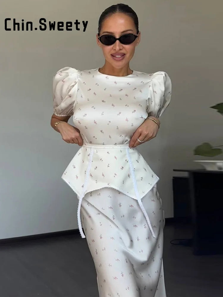 Elegant Women's Printed Waistband Stain Long Dress Slim Waist Cinched Bubble Sleeve Dresses 2026 Spring Summer Party Robes