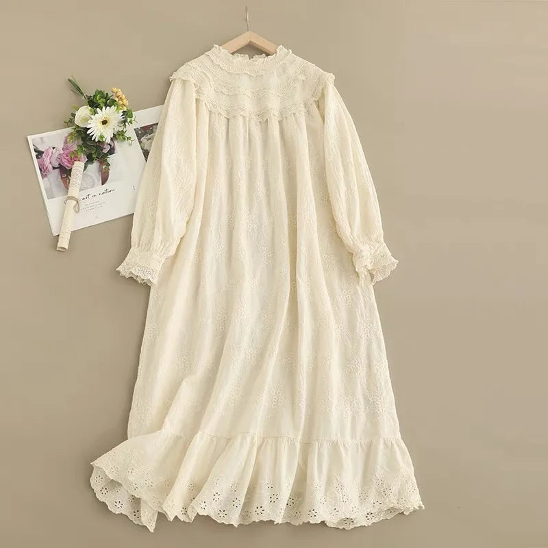 Vintage Embroidery Hollow Out Cotton Linen Dress Women Spring Mori Girl Lace Ruffled Casual Long Sleeve Loose Pullover Vestidos