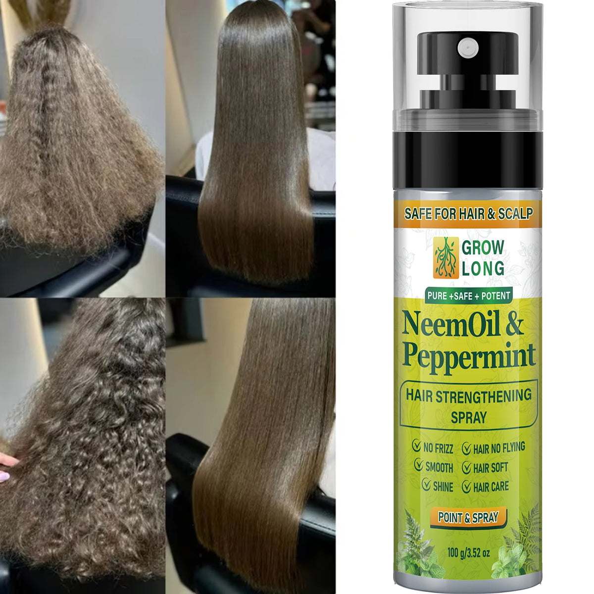 Grow Long Neem Oil & Peppermint Hair Strengthening Spray - Smooth Shine, Safe for Hair & Scalp, Biotin & Keratin Infused