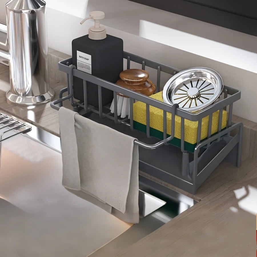 Stainless Steel Kitchen Sink Organizer - Multi-Functional Over Sink Drain Rack for Faucet Area, Rag & Sponge Storage