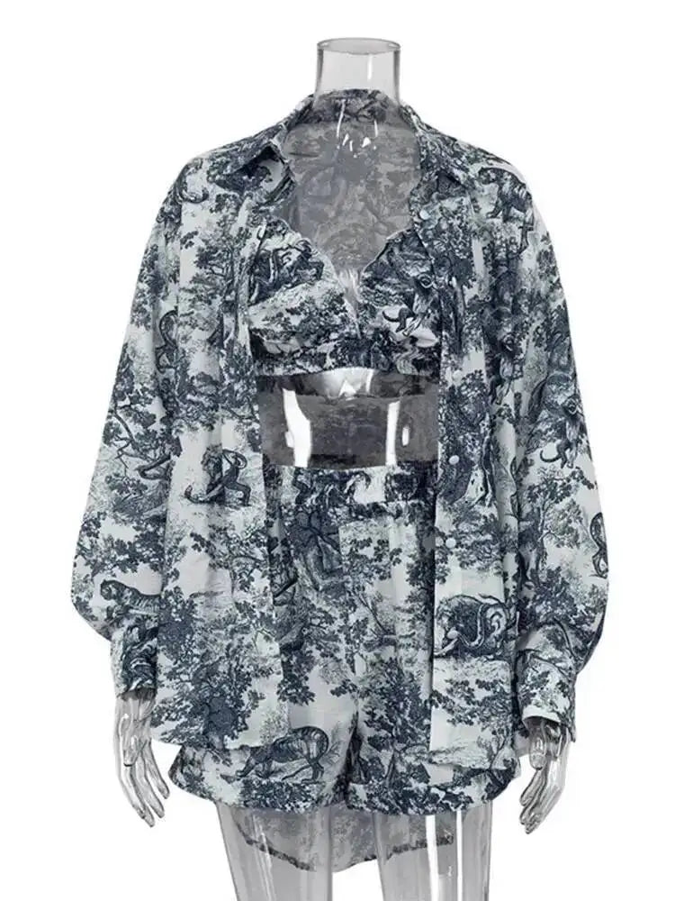 Retro Ink Shirt Three-piece Shorts Suit Women's Summer Casual Long Sleeve Button Print Fashion Shirt With Shorts Suit BX98