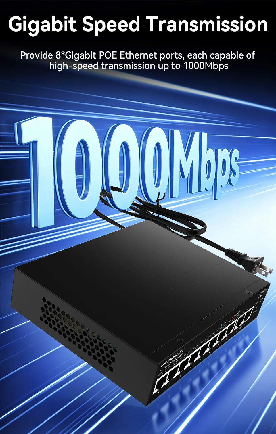 HORACO 8 Port Gigabit POE Switch 1000Mbps Active POE Network Switch for IP Camera,NVR,Surveillance,CCTV,POE Camera