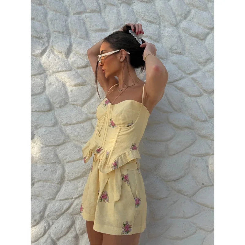 Fashion Print Spaghetti Strap Top Shorts Set Women Sleeveless Ruffled Hem Cropped Fishbone Corset Suit 2026 Lady Vacation Outfit