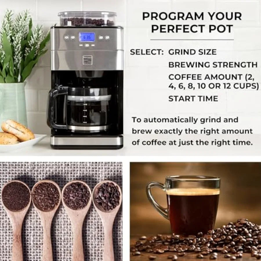 Kenmore Elite Grind and Brew Coffee Maker - Built-In Grinder Automatic Drip Coffee Machine 12 Cup Programmable Brewer Bean Grin
