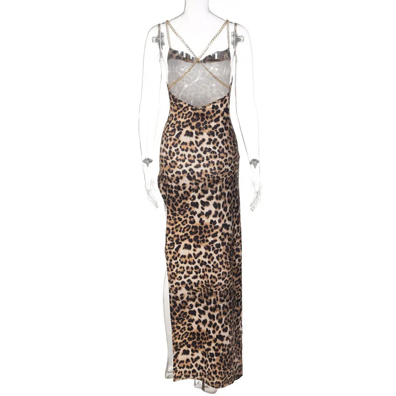 Womens Leopard Print Maxi Dress Strap Backless Bodycon Dress High Slit Sleeveless Party Dress Sexy Club Summer Dresses