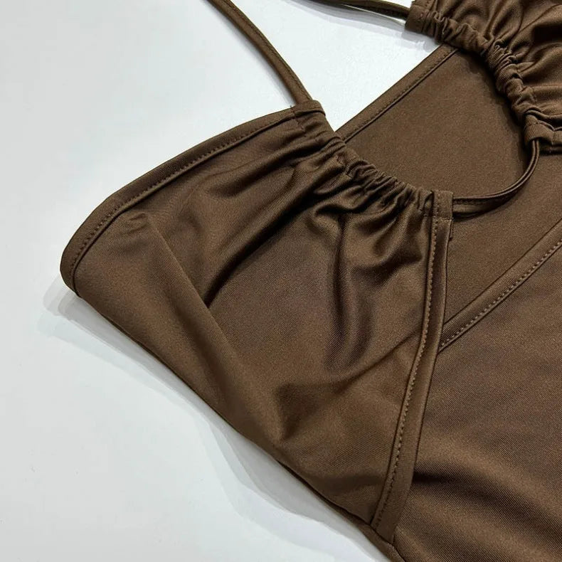 Solid Color Neck Hanging, Pleated High Slit Sexy Dress Birthday Party Dinner Party Sexy Elegant Fashionable Dress