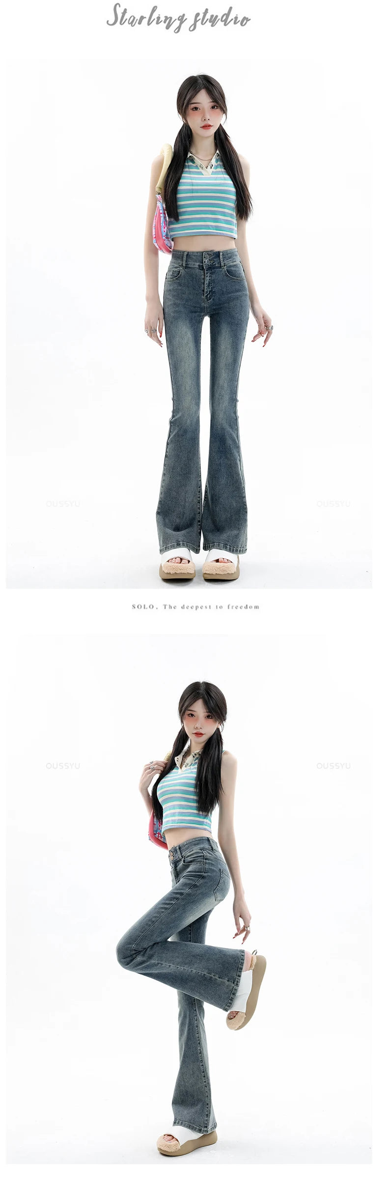 Women Jeans Cotton Denim Flared Pants Elastic Force Vintage Streetwear High Waist Slim Mom Harajuku Trousers Plus Length
