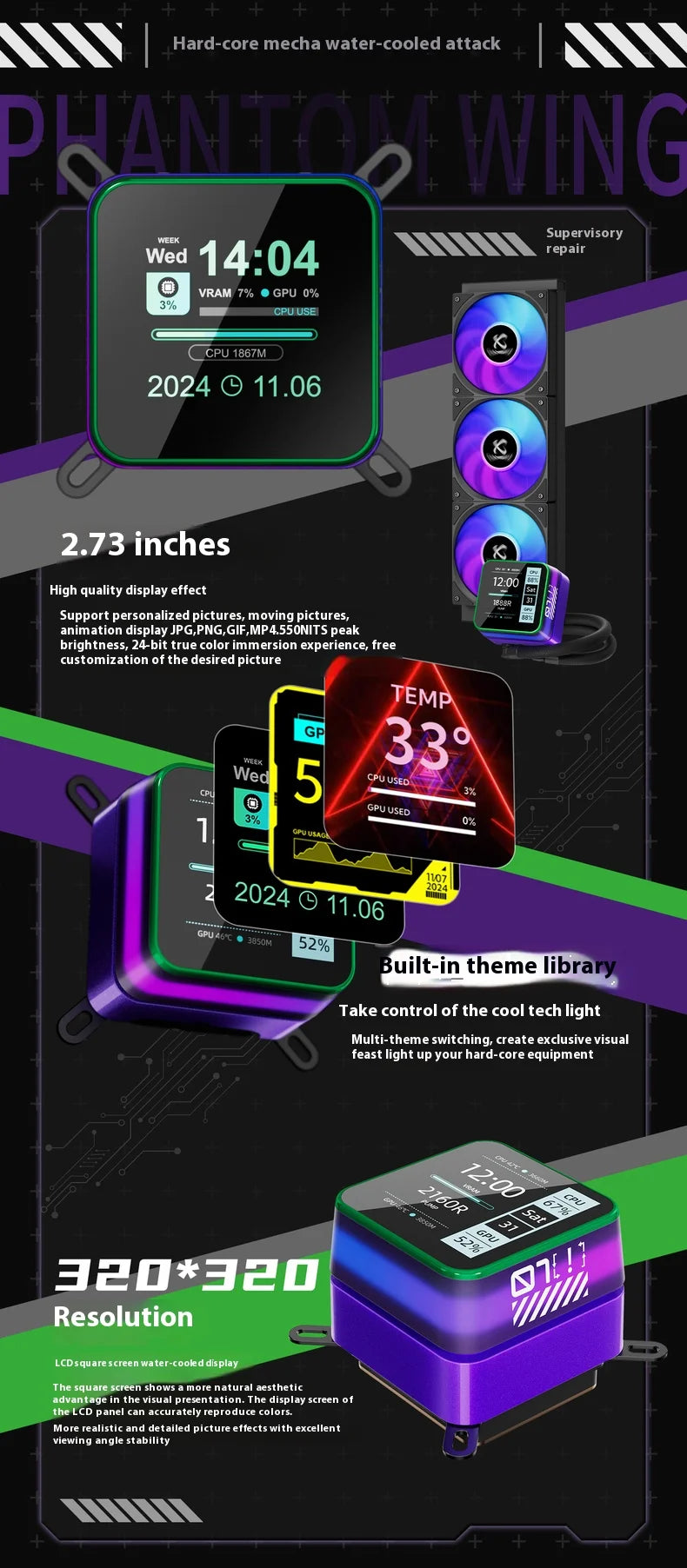 Power Train X-GAMERX S360 ARGB DIY screen display 2.73-inch LCD SCREEN Water Cooling 360mm Radiator 5V-3PIN CPU cooler
