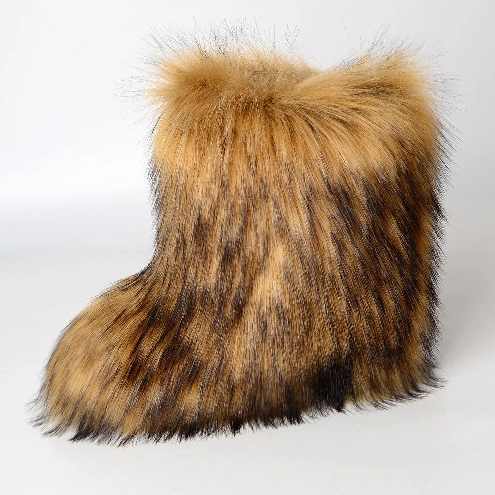 Women's Winter Snow Boots Outdoor Luxury Furry Faux Fox Fur Boots Woman Plush Warm Platform Shoes New Fashion Bottes Big Size 46