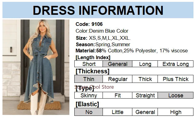 Denim Dresses For Women Sleeveless Sexy Irregular Girl Fashion A-Line Long Tunic Dress Lady Lace-Up Female Jeans Clothes