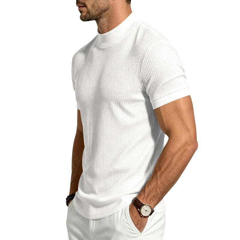 Men Summer Solid Jacquard Textured Mock Neck Short Sleeve T Shirt Slim Fit Simple Versatile Casual Daily Male Basic Tees