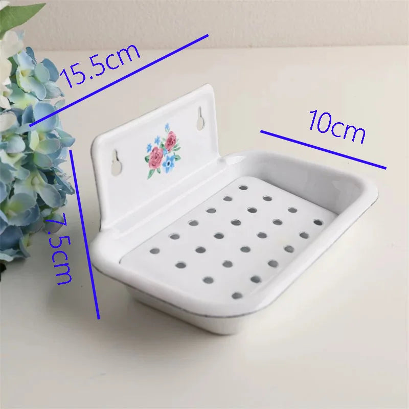 Vintage Enamel Soap Dish with Wall Mount, White, 6.1 X 3.9 X 3 Inches, Multiple Decorative Patterns