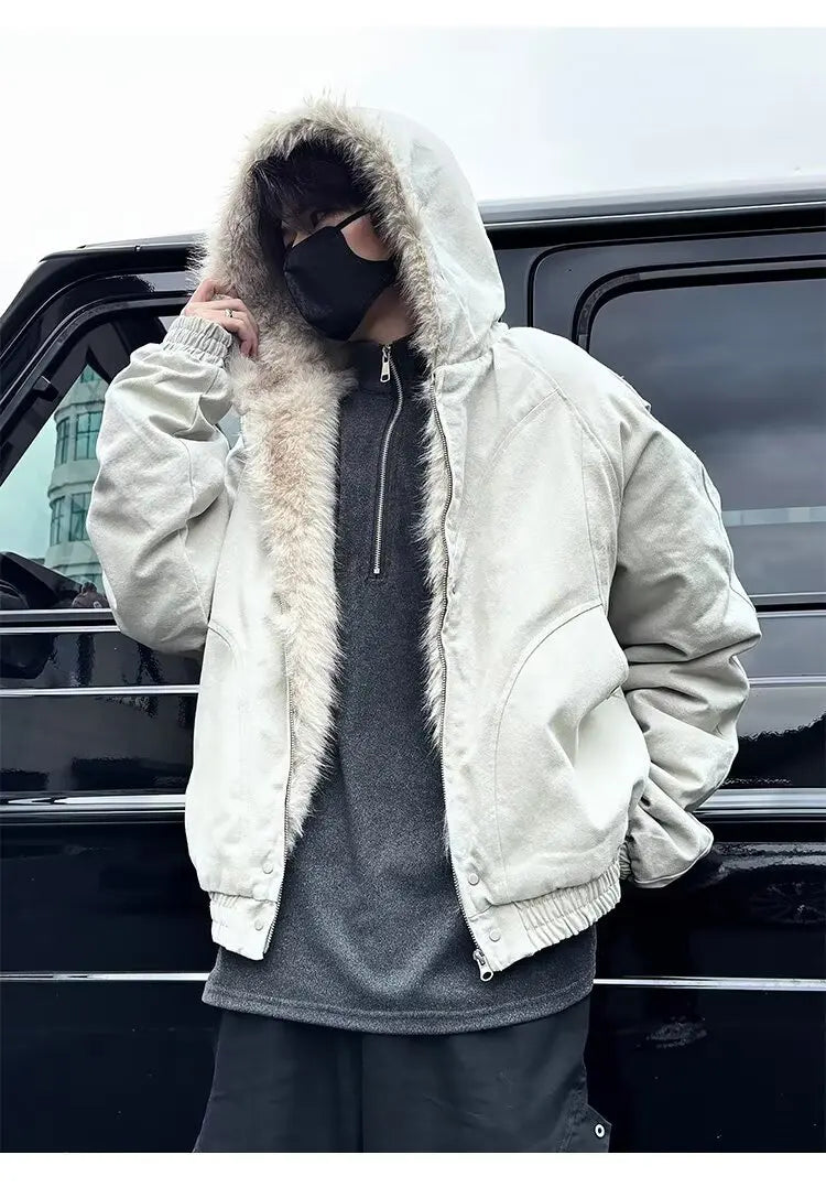American Retro Lamb Fleece Cotton Jacket Winter Thickened Keep Warm Fur Collar Jacket Zipper Hoodie Loose Coat men clothing