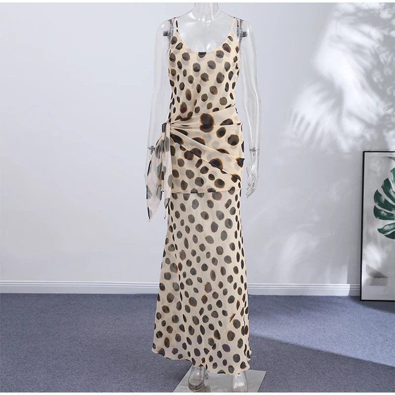 Vintage Print Maxi Dress Square Neck Spaghetti Strap Sleeveless Off Shoulder Detachable Wrap Tie Sash Dresses 2026 Chic Outfits