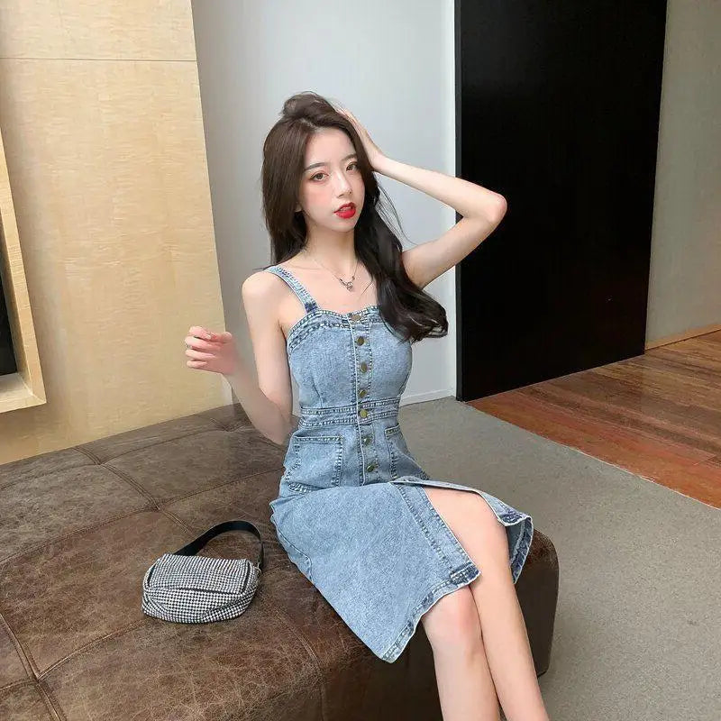 Denim Dress Sexy Style New Arrival Ins Strap Waist Single Breasted Stitching Female Bodycon Midi Dresses Female Vestidos