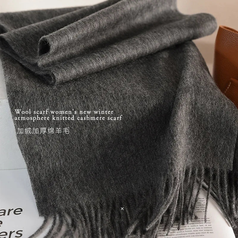 High Quality 100% Wool Muffler Classic Simple Solid Men Women Scarf Fall Winter Thick Casual Shawl Male Female Tassel Scarves