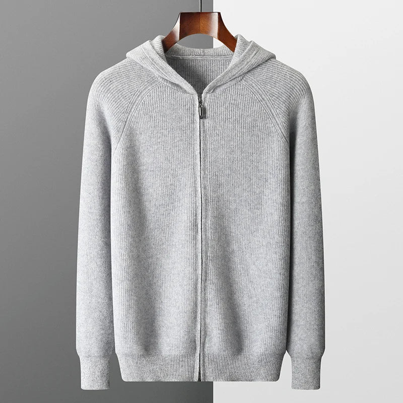 Autumn and Winter 100% Pure Cashmere Cardigan Men's Hoodie Zipper Thick Sweater Loose Plus Size Wool Knitted Sweater Coat