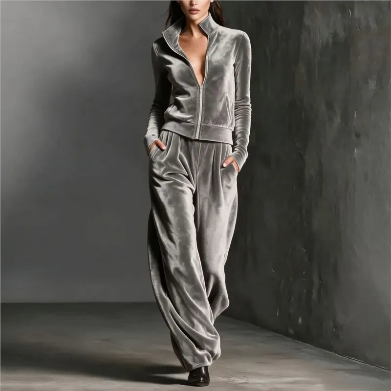 Autumn Winter Warm Gold Velvet Two Piece Set Women's Fashion Solid Stand Zipper Cardigan+Pants Sports Suit Ladies Casual Outfit