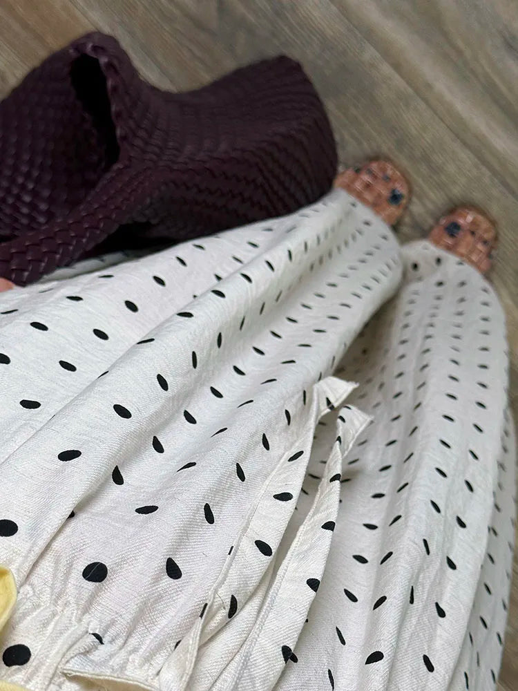 Polka Dot Cotton Linen Pants White Women Wide Leg Summer Spring Baggy Trousers For Woman High  Waist Linen Loose Pants Women