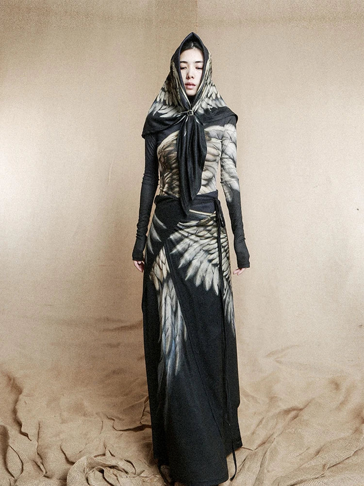 CHEERART Vintage Wing Feather Long Sleeve Dresses Fall 2025 Fashion Woman Turtleneck Mesh A Line Maxi Dress Evening Luxury