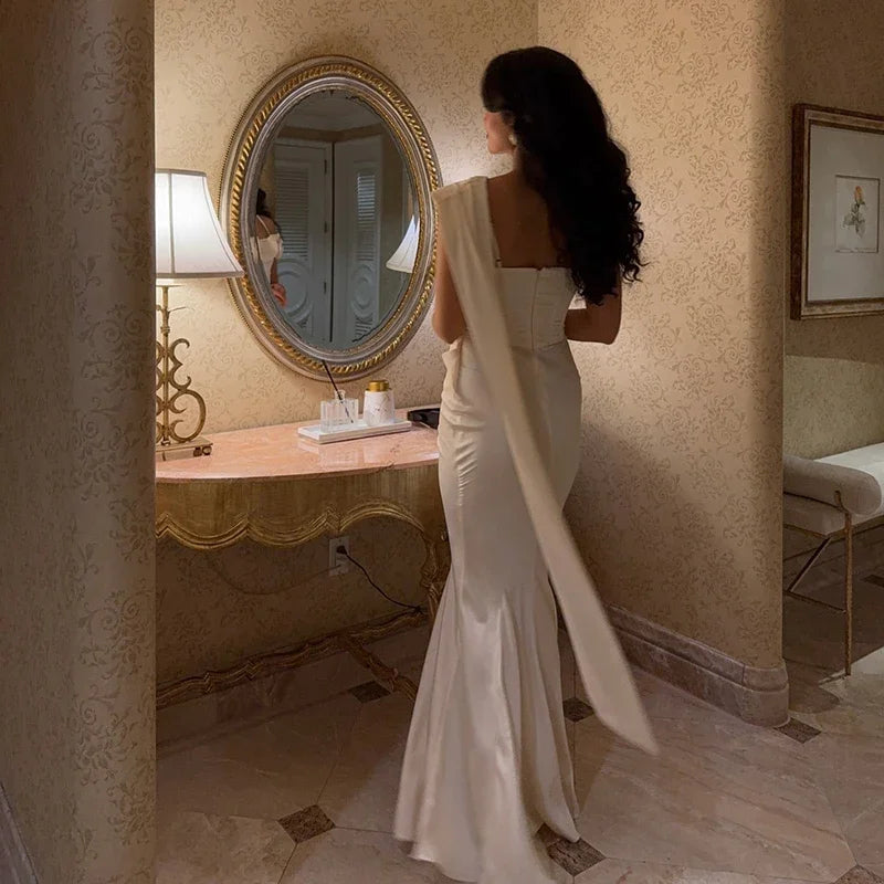 2026 New White One Shoulder Mermaid Evening Dress Asymmetric Neckline Satin Formal Party Gown with Flowing Train