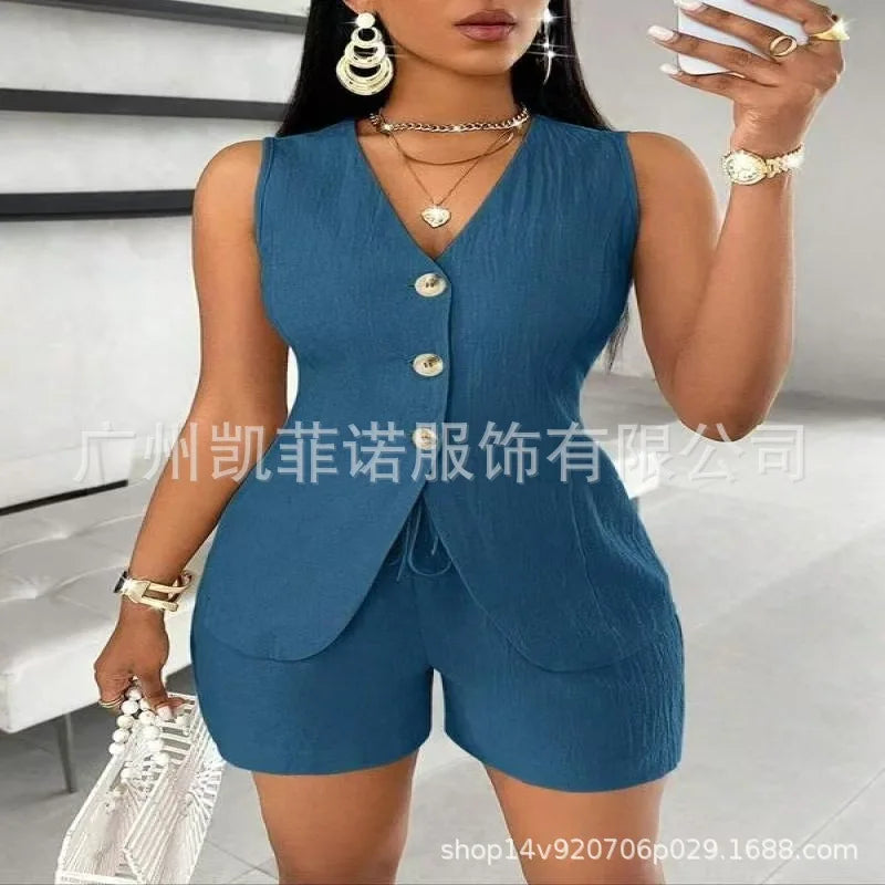 Women Fashion Casual Shorts Set Summer Vest Top Button Solid 2 Pieces Set Lace-up Pant Suits Womens Clothing Office Holiday 2025