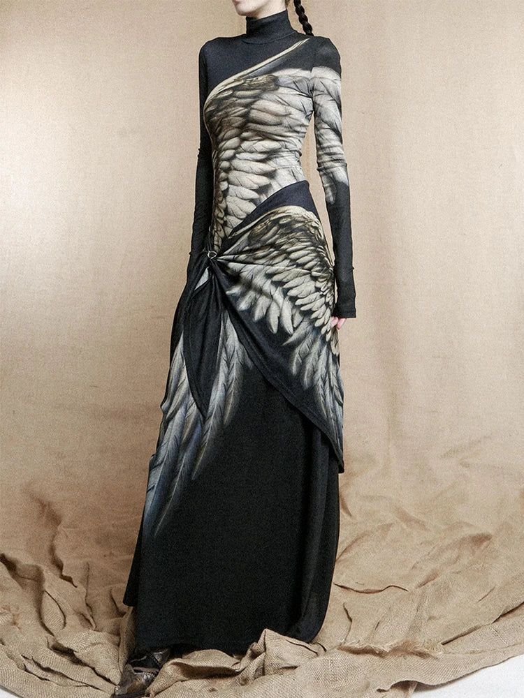 CHEERART Vintage Wing Feather Long Sleeve Dresses Fall 2025 Fashion Woman Turtleneck Mesh A Line Maxi Dress Evening Luxury