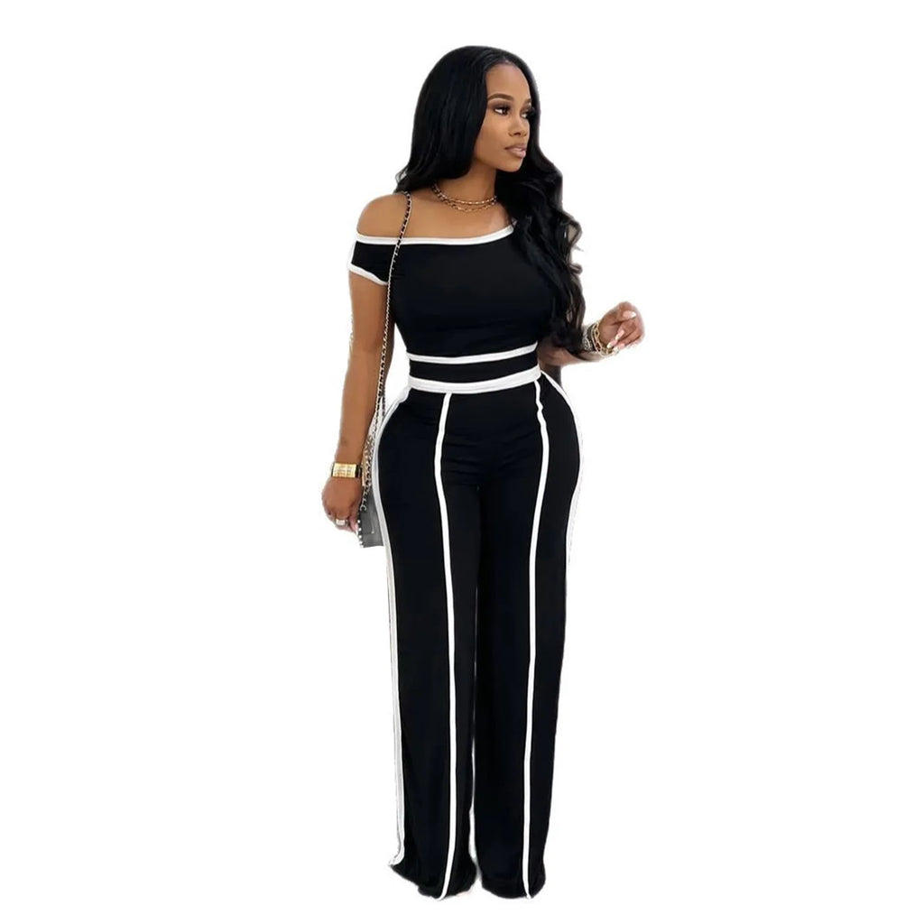 Casual Women's Solid Color Set with Diagonal Shoulders and Wide Legs, Two Piece Set, Summer 2025
