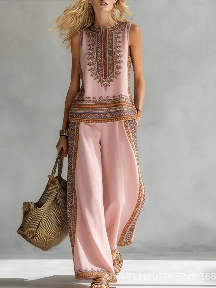 Fashion Retro Printed Sleeveless Tops Trousers 2-piece Set Women's Summer Casual Vest Loose Wide Leg Trousers Female Suit Pocket