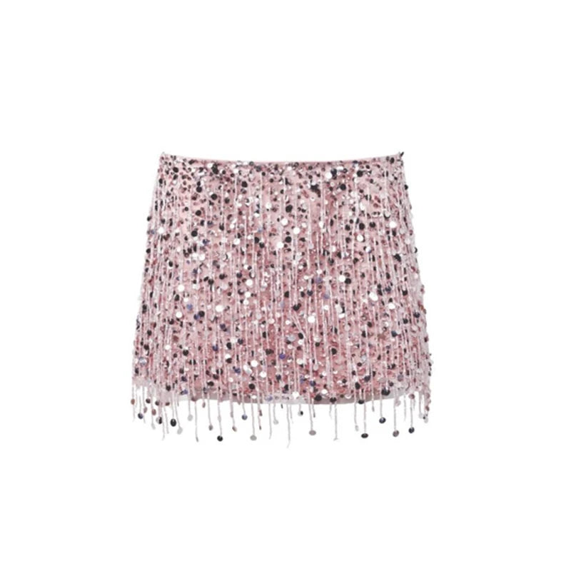 Sexy Tassel Sequins Vest Mini Skirt Women Crop Sling Vests Short Hip Package A-line Skirts 2026 Summer Lady Beach Party Outfits