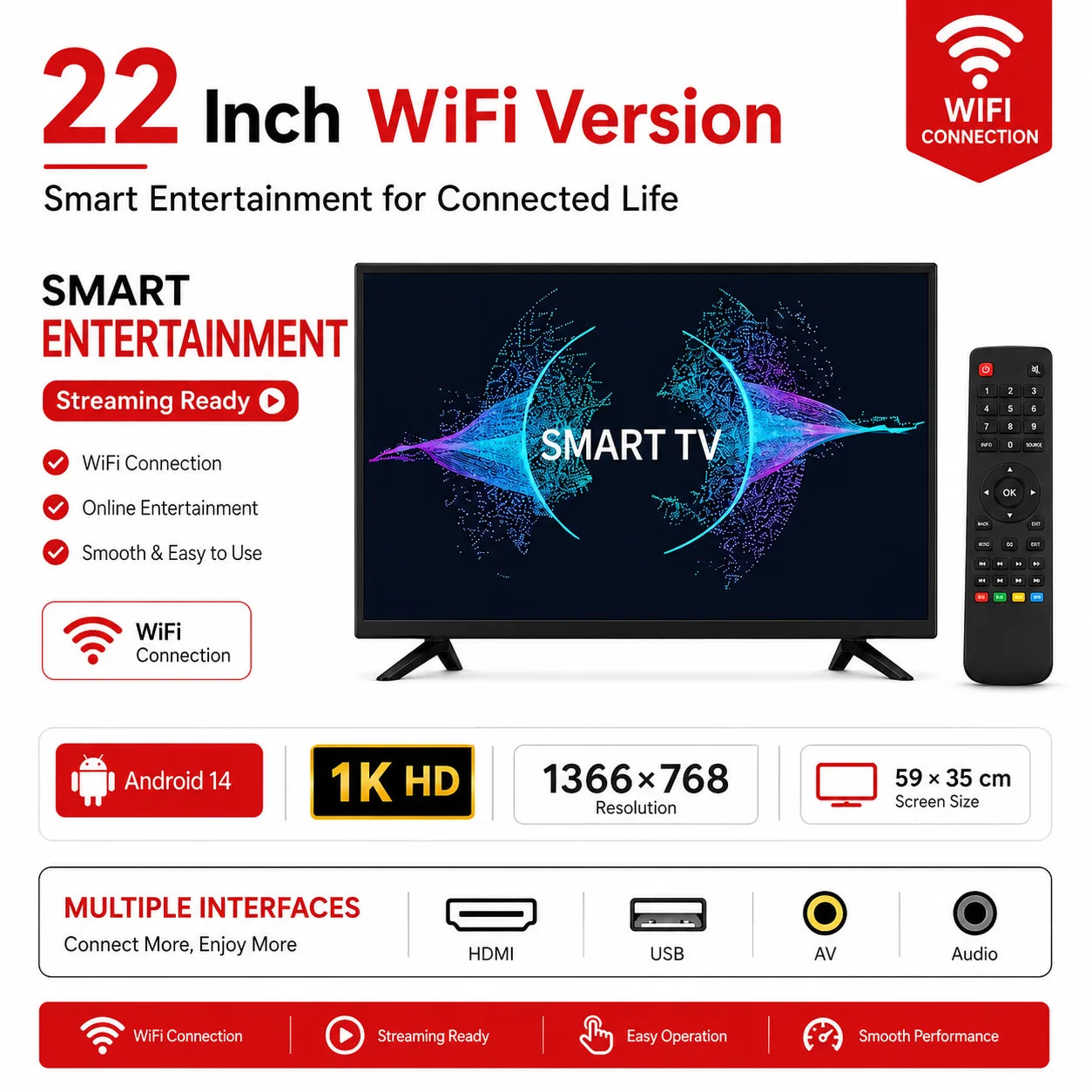 22 Inch Smart TV Android LED Television HD WiFi Bluetooth HDMI USB Flat Screen TV for Bedroom Kitchen RV Home