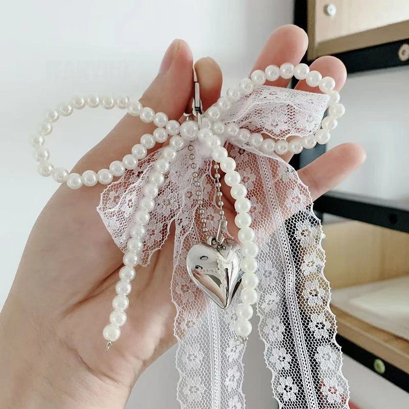 Sweet Handmade White Beaded Bowknot Lace Bag Charm Imitation Pearl Heart Pendant Keyring Exquisite Backpack Keyring Decorations