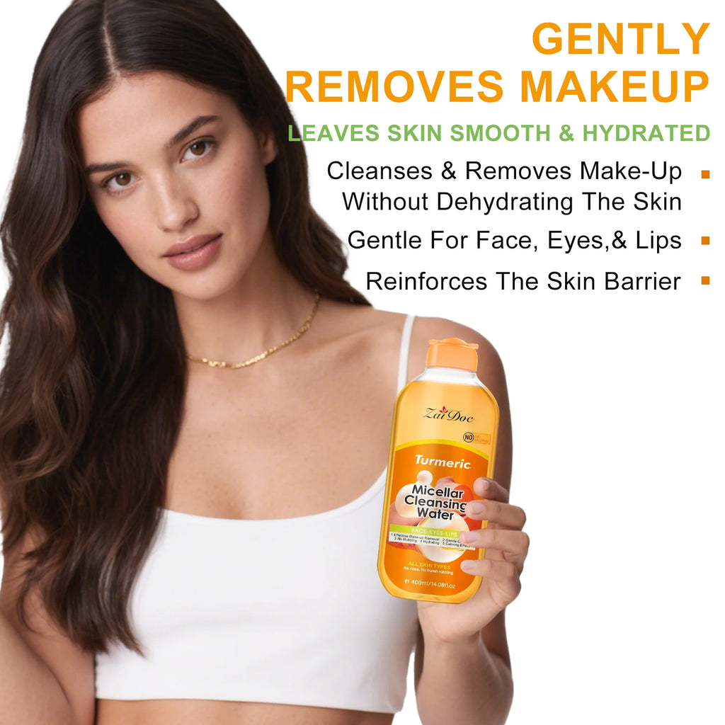 ZaiDoc Turmeric/Cherry Blossom Micellar Cleansing Water Makeup Remover No Rinse No Rubbing All Skin Types Face Eyes Lips 400ml Each