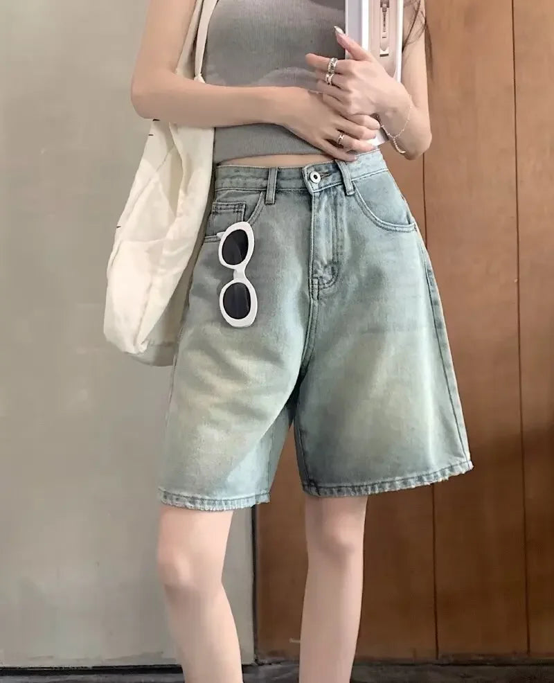 Summer High Waist Retro Jean Shorts for Women Loose Straight Denim Fashion Versatile Leisure Shorts Women's 2026