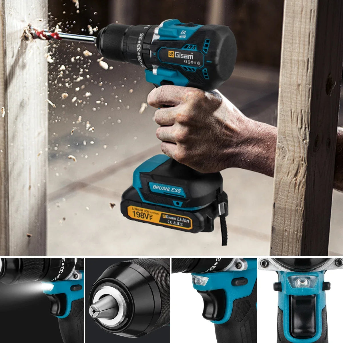 Gisam 13mm 35+3 Torque Brushless Electric Impact Drill Cordless Drill Electric Screwdriver Power Tool For Makita 18V Battery Pin