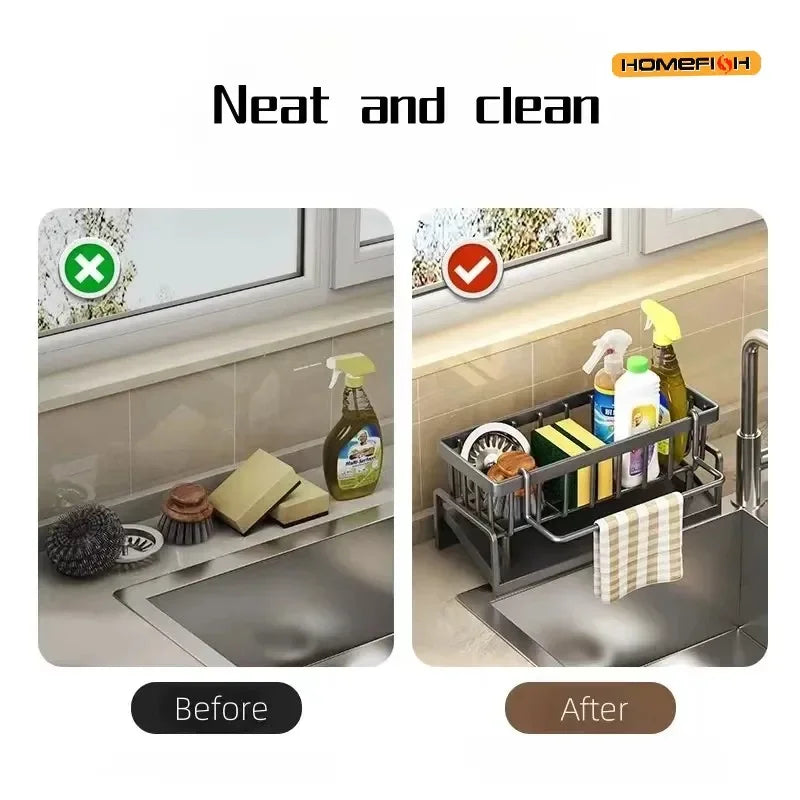 Stainless Steel Kitchen Sink Organizer | Sponge & Soap Storage | Faucet Holder & Towel Rack | Drain Rack with Shelf | Kitchen Ac