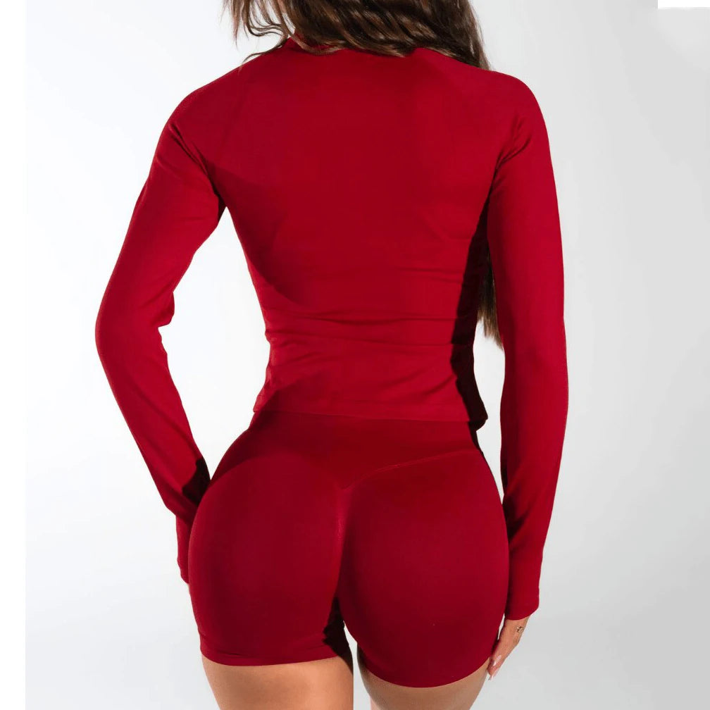 2026 2pcs Long Sleeve Yoga Set Women Half Zippy Jacket Longline Sports Top Gym Shorts Fitness Suits Running Coats Workout Set