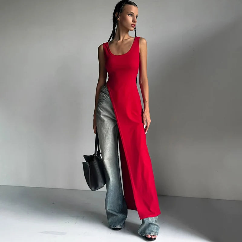 Sexy Sleeveless Side High Split Midi Dress Backless Women's Summer Party Club Streetwear Y2K Style Solid Color