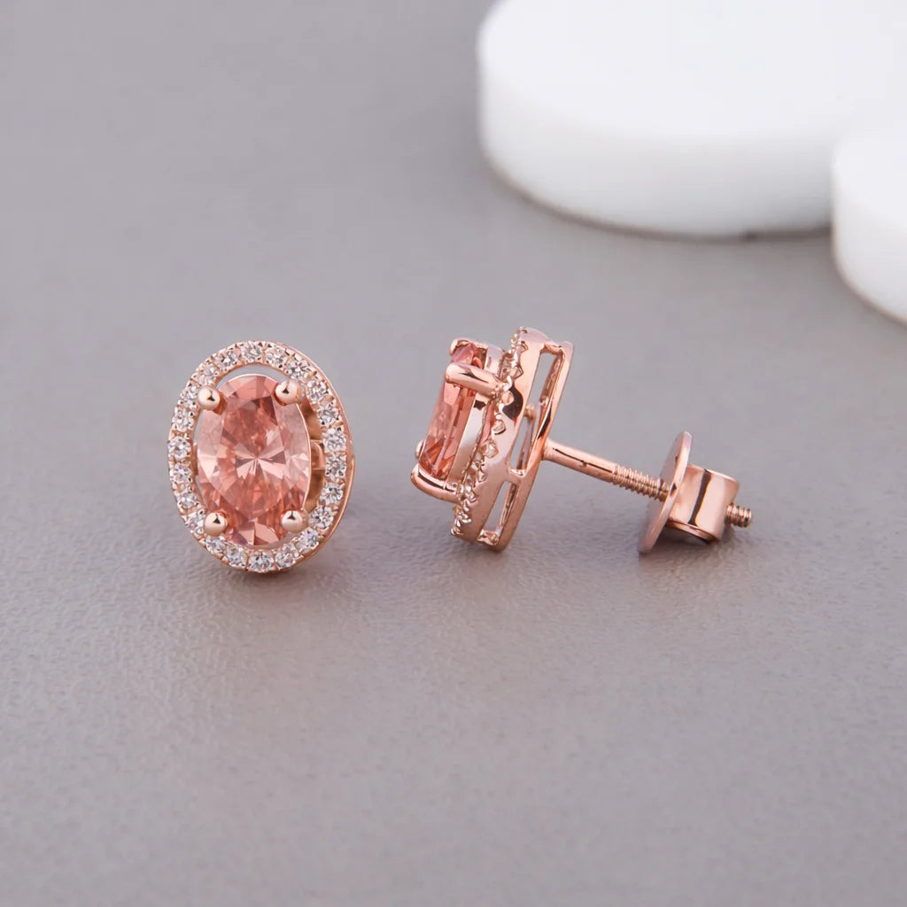 IGI Certified Oval Pink Lab Grown Diamond Halo Stud Earrings 18K White / Yellow / Rose Gold Diamond Halo Earrings