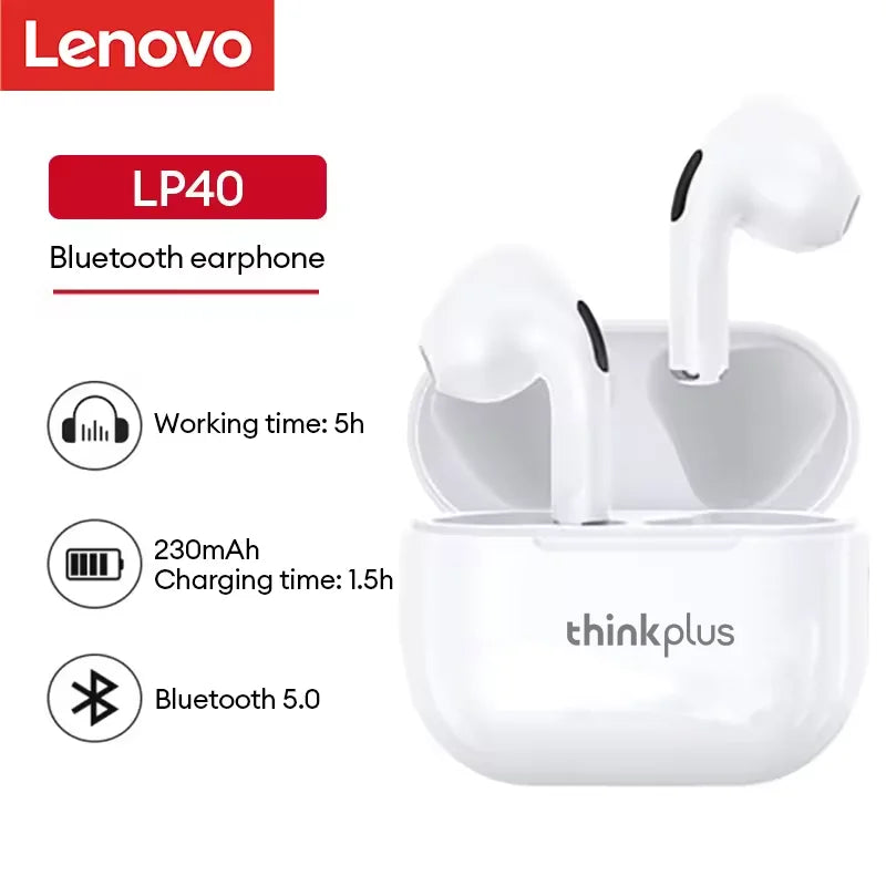 Lenovo LP40 Earphones TWS Wireless Bluetooth 5.0 Earbuds Bass Touch Control Stereo Noise Reduction Long Standby Original Choice