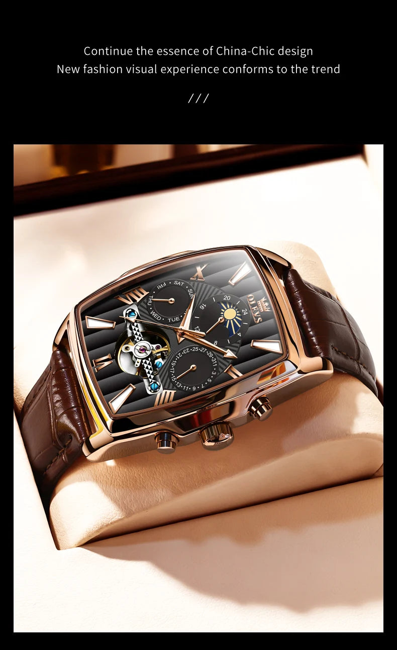 OLEVS 6675 Mens Watch Flywheel Multifunctional Chronograph Mechanical Watch Leather Strap Square Watches For Man High Quality