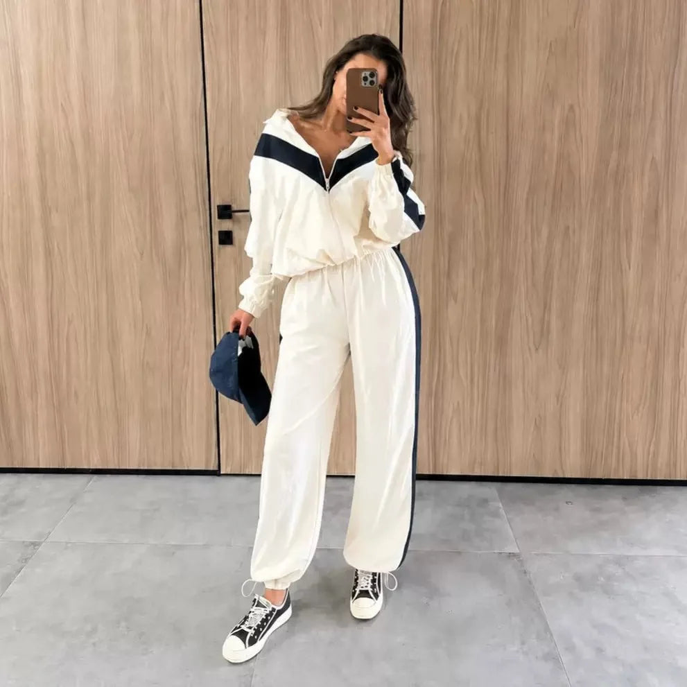 Fashion Contrast 2 Piece Short Set Women's Stand Collar Zip Lightweight Jacket Loose Mini Shorts 2026 New Lady Casual Outfit