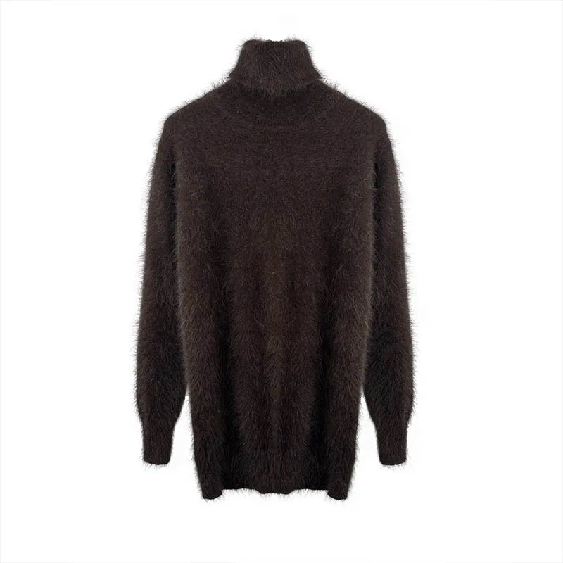 BAHTLEE-Women's Angora Jumper, Turtleneck Pullovers, Knitting Sweater, Long Sleeve, Keep Warm, White, Winter