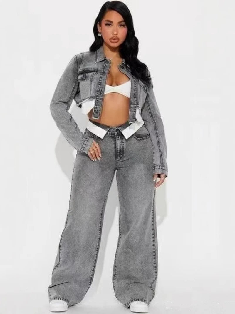 Streetwear Denim 2 Piece Sets Women Outfit Autumn Clothes Women Long Sleeve Jean Short Jacket Straight Jeans Pant Sets Tracksuit