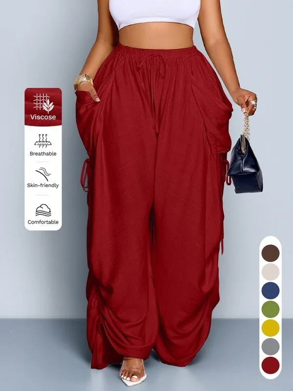 Loose Wide Leg Pants Drawstring Elastic Waist Pure Color Casual Trousers Women's High Waist Straight Cut Summer Fashion