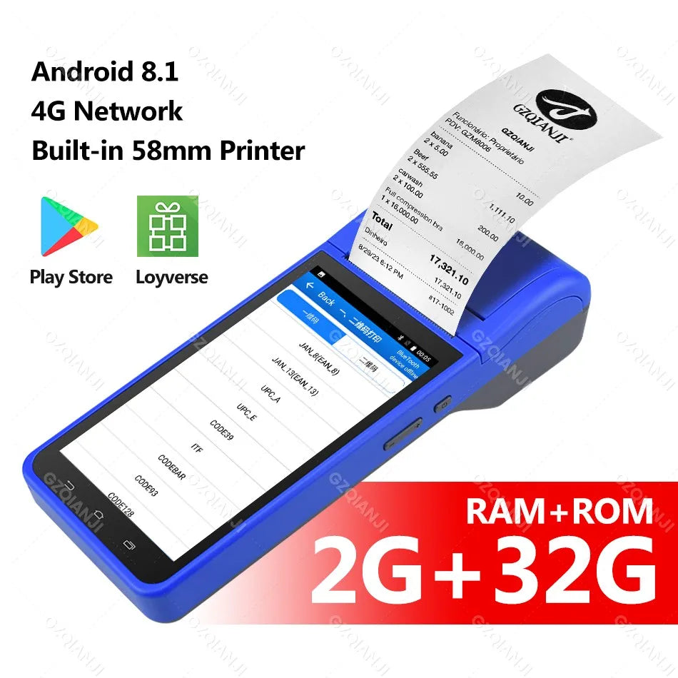 4G Android 13 / 8.1 Pos Terminal Wireless Handheld Printers 1D 2D Scanner Reader NFC Built-in 58mm Receipt Impressora Termica