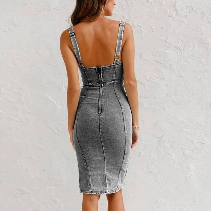 Summer New U Neck Halter Denim For Women's Dresses Fashion Slim Fit Wrap Hip Retro Female Party Sexy Split Denim Dresses